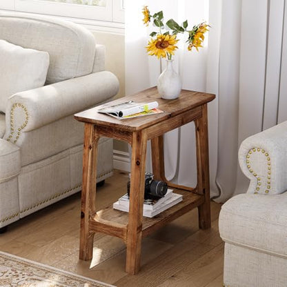 LITTLE TREE Narrow Side Table, Solid Wood Slim End Table for Small Spaces, 23.6" Sofa Side Tables, Skinny Bedside Tables Nightstand for Bedroom, Natural Wood (1 Piece)