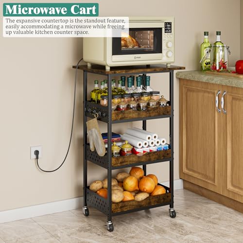 Giwil 4-Tier Rolling Kitchen Cart, Microwave Stand with Wooden Top Coffee Station Table Snack Rack Organizer, Utility Cart on Wheels for Onions Potatoes, Black - size: 4 Tier with Big Top