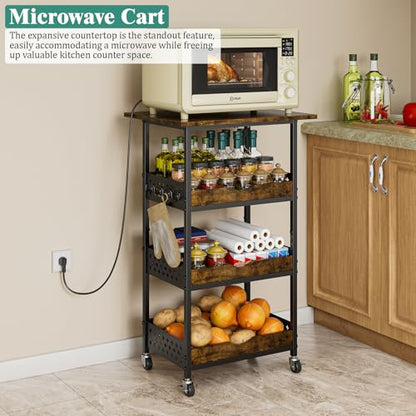 Giwil 4-Tier Rolling Kitchen Cart, Microwave Stand with Wooden Top Coffee Station Table Snack Rack Organizer, Utility Cart on Wheels for Onions Potatoes, Black - size: 4 Tier with Big Top