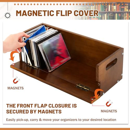 CroBlissful 4 Set Wooden CD Storage Box,Holds 144 CDs(36 Each),Stackable CD Holder Organizer with Magnetic Front Flap and Carrying Handles for DVDs, Cassette Tapes and Movie Cases (Brown) - color: Brown