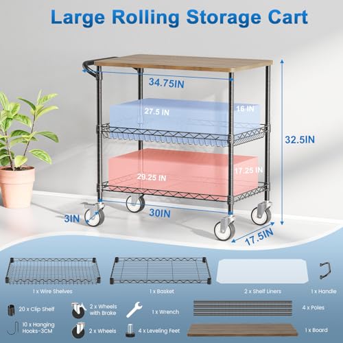 Rolling Kitchen Carts with Wheels, 3-Tier Utility Cart with Wood Tabletop | NSF Commercial Metal Serving Cart with Handle and Shelf Liner for Kitchen Snacks,34"D x 17.5"W x 32.5"H,Black - color: Wood-black