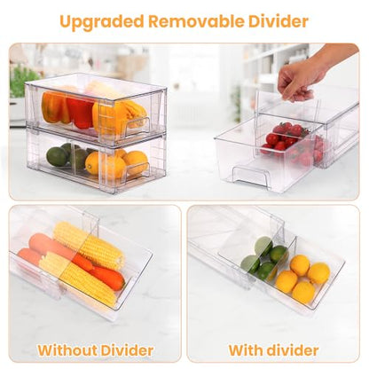4 Pack Stackable Storage Drawers with Handles, Easy Assembly Clear Acrylic Fridge Organizer, Refrigerator Organizers and Storage for Kitchen, Under Sink, Pantry, Bathroom - size: 4Pack 4.4"H-with Dividers