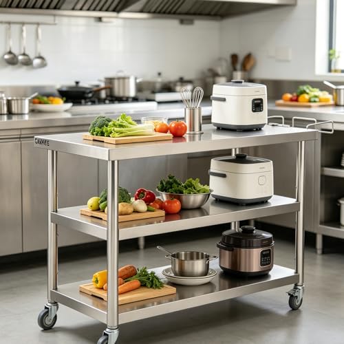 Garvee Stainless Steel Straight Edge Work Table 36 inch Triple Layer with Casters & Garbage Shelf, Heavy Duty Commercial Prep Table, 0.7mm Thick - size: 36*24*35inch - with casters + trash rack