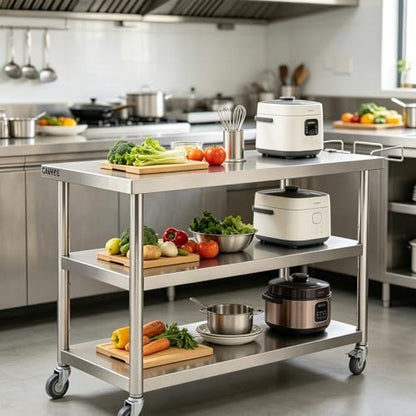 Garvee Stainless Steel Straight Edge Work Table 36 inch Triple Layer with Casters & Garbage Shelf, Heavy Duty Commercial Prep Table, 0.7mm Thick - size: 36*24*35inch - with casters + trash rack