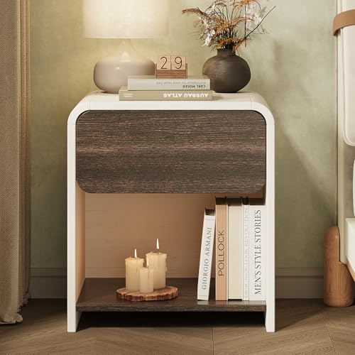 Modern Nightstands Set of 2,Bedside Table with Open Shelf,Night Stand with Drawer Storage,Wooden End Table for Bedroom, Side Table White and Walnut - color: 2pcs_white&walnut