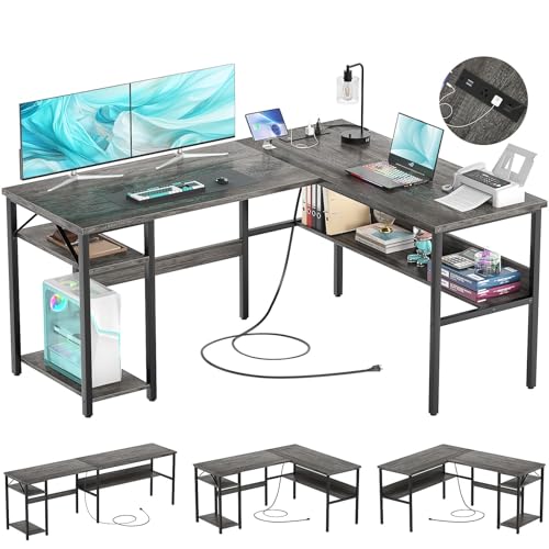 Reversible L Shaped Gaming Desk with Power Outlets and USB Charging Ports, Sturdy Computer Desk with Storage Shelf, Modern Corner Desk Home Office Table, Easy to Assemble, Gray Oak
