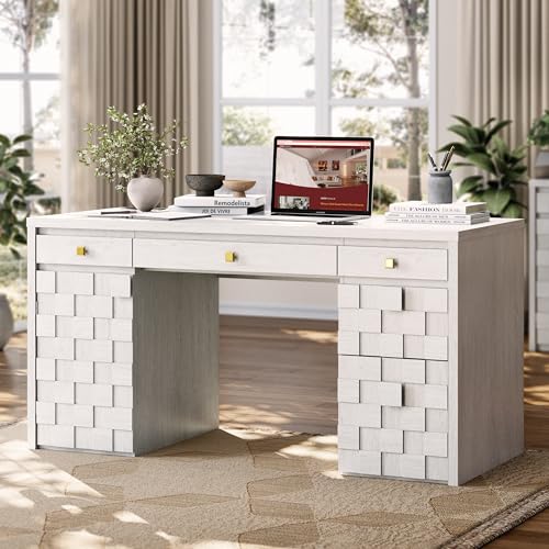58" Executive Desk with Drawers, Home Office Desk with Charging Station & Keyboard Tray, Wood Office Desk with File Drawer & Storage Cabinet, Modern Computer Writing Desk with Adjustable Shelf, White