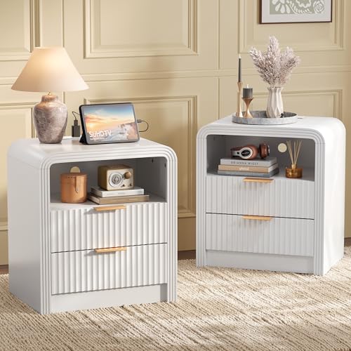 Decofy Fluted 2-Drawer Nightstand Set of 2 with Charging Station, White | Open Shelf, USB and Type C Ports, Curved Profile, Gold Handles, 19.7'' Wood Bedside Table - color: Pure White, size: 2 Drawer( 15.5"D x 19.6"W x 24"H)