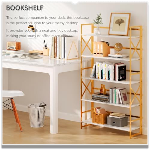 4NM Extra Wide 5 Tiers No Assembly Book Shelves, 51.2" H Folding Bookshelf Bookcase Open Industrial Foldable Shelves for Bedroom, Living Room, Home Office - White Gold - color: White Gold, size: Wide XX 5-Tier