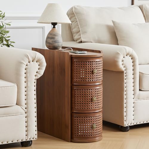 Narrow End Table with 3 Drawer, Metal Rattan Side Table with Storage, Narrow Charging Nightstand for Bedroom Bedside, Living Room Couch Sofa, Office, Desk Side Table for Small Spaces - Walnut - size: Drawer Walnut-1pcs