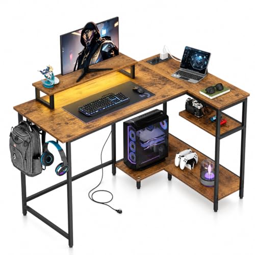 DEVAISE Compact 47 in L Shaped Gaming Desk with LED Lights, Rustic Brown | Steel frame and engineered wood desktop with 2 AC outlets, 2 USB ports, and monitor stand for compact gaming setups - color: Rustic Brown, size: 47 Inch