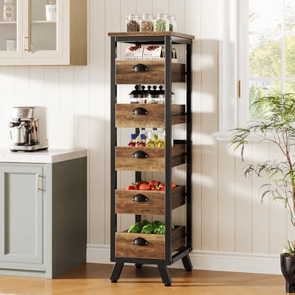 Tribesigns Wood Fruit and Vegetable Storage Rack, 5-Tier Narrow Snack Stand Kitchen Stand Fruit Basket, Pull-Out Utility Organizer for Kitchen, Living Room, Rustic Brown - color: Rustic Brown