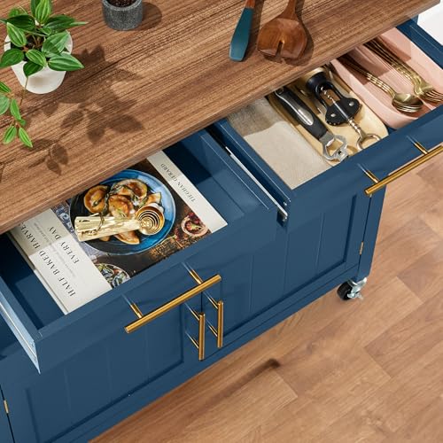 Best Choice Products 36in Large Rolling Kitchen Island Cart, 2-Door Cabinet, 2 Drawers, Pull-Out Shelf, Power Outlet, Hooks, & Swivel Lockable Wheels - Slate Blue - style: Slate Blue