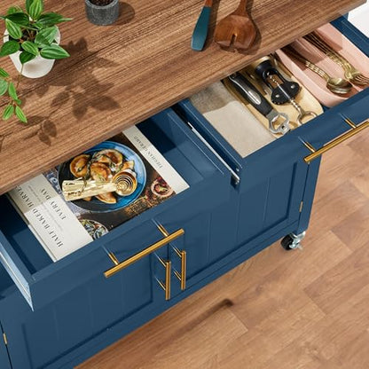 Best Choice Products 36in Large Rolling Kitchen Island Cart, 2-Door Cabinet, 2 Drawers, Pull-Out Shelf, Power Outlet, Hooks, & Swivel Lockable Wheels - Slate Blue - style: Slate Blue