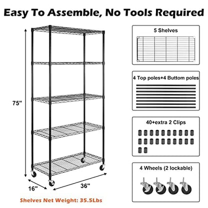 5 Tier Shelf Shelving Unit with Wheels,Adjustable Metal Shelves for Storage, NSF Wire Shelving Rack,350lbs Loading Capacity Per Shelf Storage Shelves for Kitchen Garage, 36" D x 16" W x 75" H - size: 5tier 36"D x 16"W x 75"H