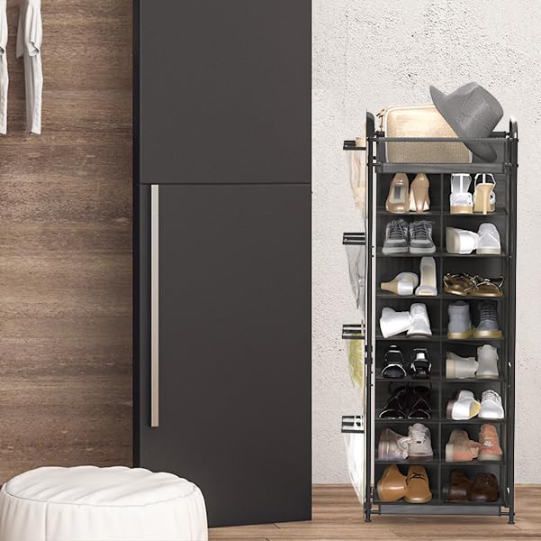 Simple Houseware 16 Cube Shoe Stand Tower Rack 8 Tier, Dark Gray | Top Shelf and Side Hanging Pockets - color: Dark Gray
