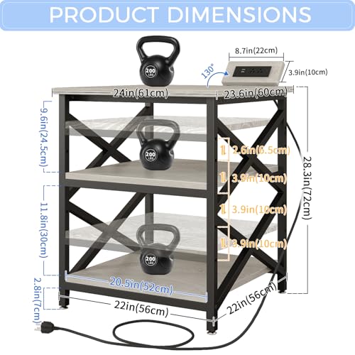 METYERRY Large Printer Stand with Power Outlet, with Height Adjustable Storage Shelf, 3 Tier Rolling Printer Cart with Industrial Wheels, 23.6 x 23.6 Inches Printer Table for Home Office, Greige - color: Greige