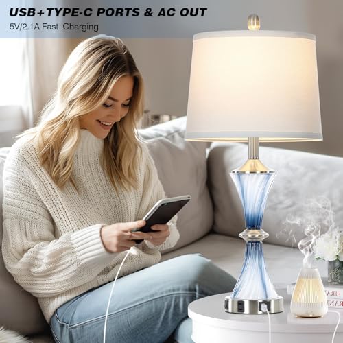 Rinweey Blue Glass Table Lamp with USB C+A Ports & AC Outlet,Coastal Bedside Lamp for Night Stands Bedroom Living Room,Nightstand Lamp LED Bulbs Included,Single Blue - color: Blue-1P
