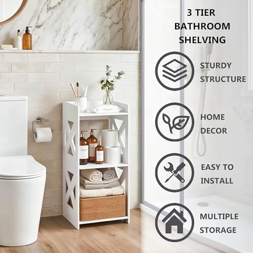 3-Tier Narrow Corner Bathroom Floor Stand, Waterproof PVC, White | Storage Shelf, Rack, Holder, Fits Tight Spaces, for Toilet Side, Laundry, Shower, Kitchen Spice Rack, Easy to Clean, 26”H - size: 3 Tier