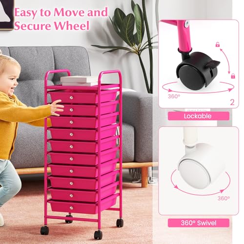 DREAMADE Rolling Cart with Storage Drawers, Utility Cart w/Removable Plastic Drawers, Lockable Wheels, Art Cart for Classroom Organization Art Supplies Office Scrapbook (10 Drawers, Hot Pink) - color: Hot Pink, style: 10 Drawers