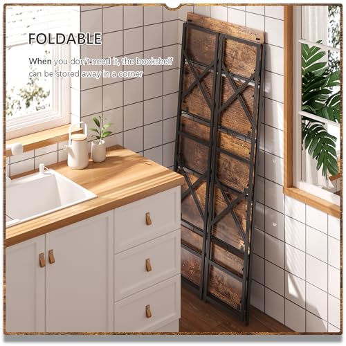 4NM 5 Tiers No Assembly Book Shelves, 51.2" H Folding Bookshelf Bookcase Open Industrial Foldable Shelves for Bedroom, Living Room, Home Office - Rustic Brown Black - color: Rustic Brown Black, size: XX 5-Tier