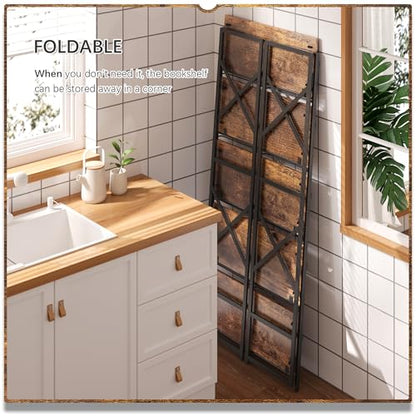 4NM 5 Tiers No Assembly Book Shelves, 51.2" H Folding Bookshelf Bookcase Open Industrial Foldable Shelves for Bedroom, Living Room, Home Office - Rustic Brown Black - color: Rustic Brown Black, size: XX 5-Tier