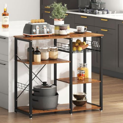 soges 3-Tier Kitchen Baker's Rack, Compact Microwave Stand, Rustic Brown | Space-saving for Apartments, Kitchen, Pantry, Living Room, Sliding Storage Basket, 5 Hooks, Sturdy X-Frame, Easy Assembly - color: Rustic Brown