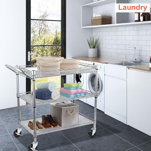 BolDuck Heavy Duty Utility Cart, 990Lbs Capacity 3 Tier Rolling Carts with Wheels, Kitchen Cart on Wheels with Storage, Commercial Grade Metal Serving Carts with Wire Shelving &Handle Bar, Silver - color: Silver