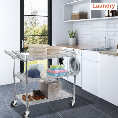 BolDuck Heavy Duty Utility Cart, 990Lbs Capacity 3 Tier Rolling Carts with Wheels, Kitchen Cart on Wheels with Storage, Commercial Grade Metal Serving Carts with Wire Shelving &Handle Bar, Silver - color: Silver