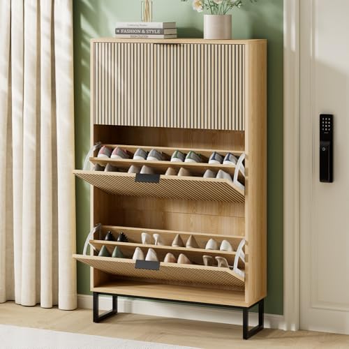 Shoe Cabinet Storage with 3 Flip Drawers, Shoe Organizer Cabinet for Entryway, Modern Freestanding Hidden Shoe Rack Organizer Shoe Cupboard for Hallway, Natural Wood - size: 3 Flip Drawers