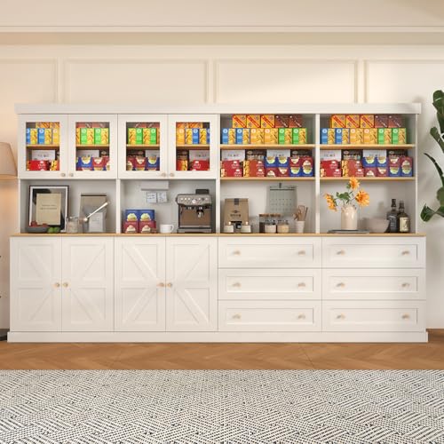 71" Tall Farmhouse Kitchen Pantry, Large Storage Cabinet with Glass Doors and Drawers, Freestanding Coffee Bar Hutch with Microwave Stand, Adjustable Shelves for Kitchen, Living Room, White 4 Pcs - color: White, size: 2A+2B