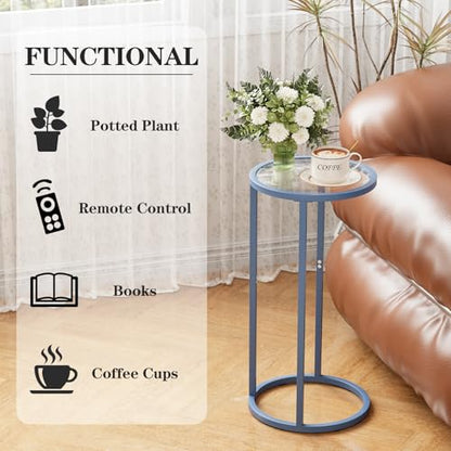 C Table Side End Table,Glass Couch Table Set of 2, Round Sofa End Table with Metal Frame, Small Snack Table for Living Room, Bedroom, Small Spaces, Easy Assembly (Blue,2pcs) - color: Blue
