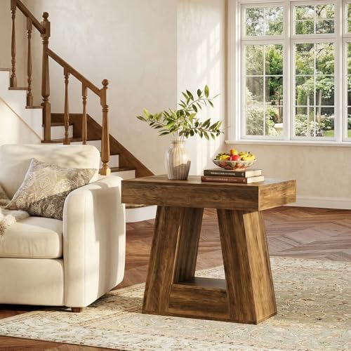 Tribesigns 24" Side Table, Narrow End Table with 2-Tier Storage Shelf, Farmhouse Wooden Nightstand Accent Table with Trapezoid Base for Living Room, Bedroom, Small Spaces, Brown - color: Brown