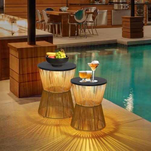 HMVPL Solar Outdoor Side Table with Dimmable Light, Patio Side Tables for Outside, Round Outdoor End Tables Set of 2, Plastic Rattan Patio End Accent Table for Poolside Backyard Gazebo, Dusk to Dawn