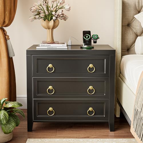 Huuger Paint Night Stand with Charger Station, 3 Drawer Nightstand Set of 2 | Larger Wider Bedside Table with USB-C Port, Modern End Table, for Bedroom, Living Room, Black Nightstand - color: Black