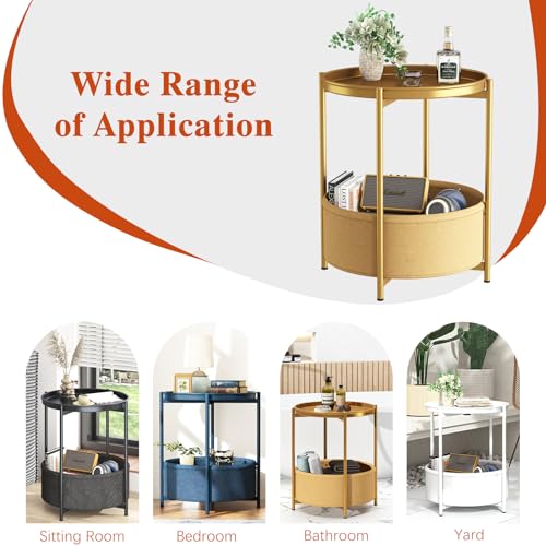 Garden 4 you Side Table with Fabric Storage Basket, Round Metal End Table, Small Bedside Table Nightstand with Removable Tray, for Nursery, Living Room, Bedroom, Bathroom, Gold - color: Gold