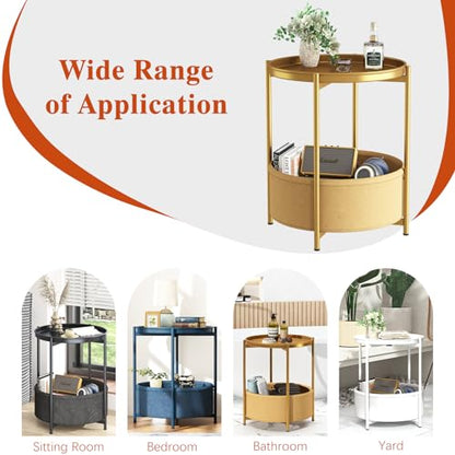 Garden 4 you Side Table with Fabric Storage Basket, Round Metal End Table, Small Bedside Table Nightstand with Removable Tray, for Nursery, Living Room, Bedroom, Bathroom, Gold - color: Gold