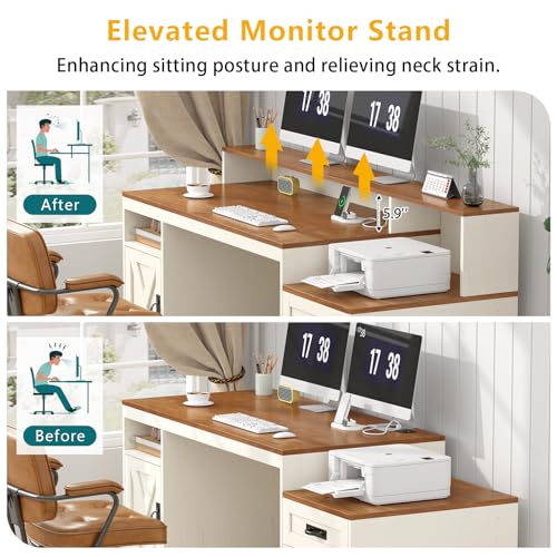 TVU Farmhouse Computer Desk with Drawers, 65'' Home Office Desk with Power Outlets, Storage Cabinet and Printer Stand, Study Writing Desks with Long Monitor Stand, Brown and White - color: Brown and White
