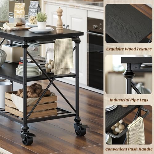 Homieasy Kitchen Island Cart with Wheels, 3-Tier Wood and Metal Rolling Kitchen Island Table with Pipe Legs, Storage Shelves & Lockable Casters for Kitchen Dining Room, Black - color: Black
