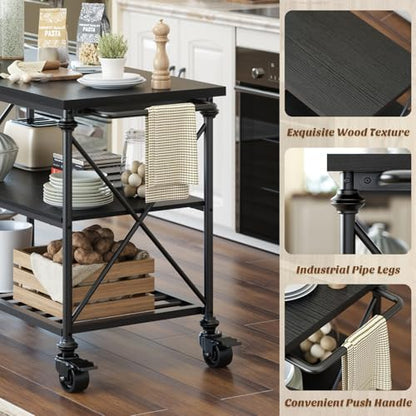 Homieasy Kitchen Island Cart with Wheels, 3-Tier Wood and Metal Rolling Kitchen Island Table with Pipe Legs, Storage Shelves & Lockable Casters for Kitchen Dining Room, Black - color: Black