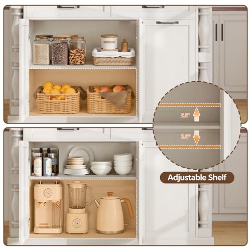 Roman Style Kitchen Island with Power Outlet & Trash Cabinet, | 47.6" Rolling Kitchen Island with Drop Leaf Tabletop, Kitchen Cart with Spice Rack & Drawers & Cabinets Coffee Bar Station