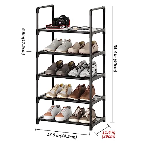 5-Tier Shoe Rack with Handrails, Stackable Narrow Shoe Storage for Entryway, 17.5" W x 11.4" D x 35.4" H, Space Saving Small Shoe Stand for Closet Hallway Dorm, Multi-Functional Shelf(Black) - size: 5-Black(17.5W")
