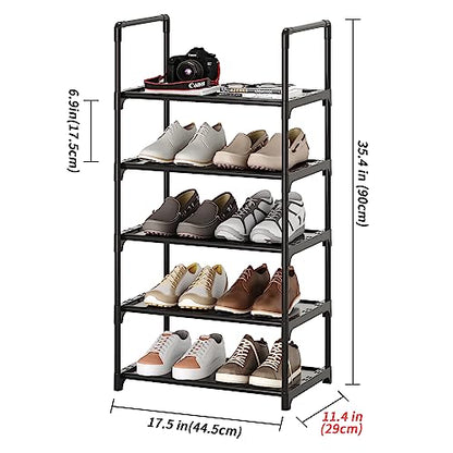 5-Tier Shoe Rack with Handrails, Stackable Narrow Shoe Storage for Entryway, 17.5" W x 11.4" D x 35.4" H, Space Saving Small Shoe Stand for Closet Hallway Dorm, Multi-Functional Shelf(Black) - size: 5-Black(17.5W")