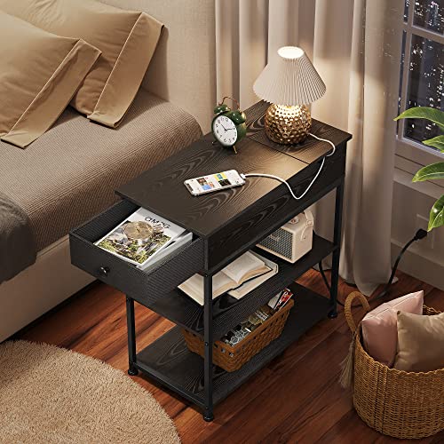 WLIVE 3-Tier Narrow Side Table with 2 USB Ports and 2 Outlets, Flip Top Black End Table with Drawer and Storage Shelves, Small Nightstand with Charging Station for Living Room/Bedroom - color: Black