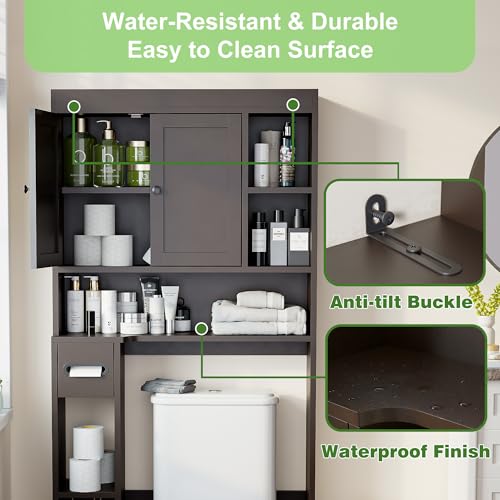 Over The Toilet Storage Cabinet with 7 Shelves, Imitation Walnut Grain Above Toilet Bathroom Organizer with Toilet Paper Holder Stand, Space Saver for Restroom, Laundry, Bathroom (Espresso) - color: Espresso