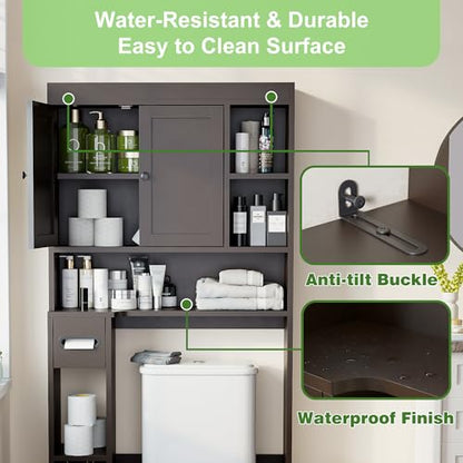 Over The Toilet Storage Cabinet with 7 Shelves, Imitation Walnut Grain Above Toilet Bathroom Organizer with Toilet Paper Holder Stand, Space Saver for Restroom, Laundry, Bathroom (Espresso) - color: Espresso