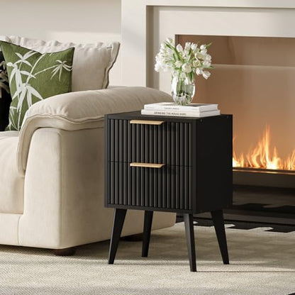 YAUKOMEL Black Nightstand,Mid Century Modern Bedside Table, Fluted Nightstand with 2 Drawers,Side Table with Wood Legs, End Table for Bedroom,Apartment,Dormitory,Small Space Black CTG55BK - color: Black, style: Fluted Style