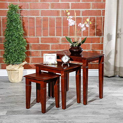 DTY Indoor Living 3-Piece Nesting Tables - Wooden Table Set of 3 for Living Room - Stackable Tables with Sleek Cherry Finish for Stylish and Space-Saving Home Furniture - color: Golden Design/Cherry Finish