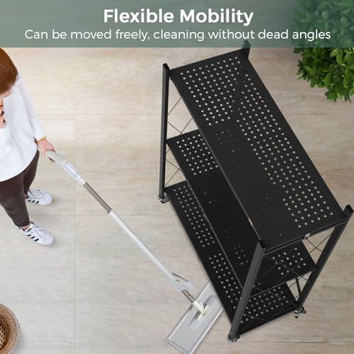 DEANIC 3 Tier Foldable Storage Shelves with Wheels, Kitchen Appliance Stand, Freestanding Metal Wire Shelf Rack, No Assembly Organizer Rolling Cart for Garage, Basement, Pantry(Black Pack of 2) - color: Black
