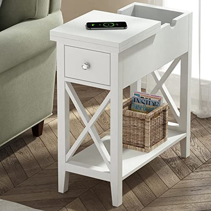 ChooChoo End Table, Flip Top Narrow End Table with Drawer | Narrow Side Table with Flip Top, Accent Small Side Table Nightstand for Living Room, Bedroom, and Small Spaces, White - color: White, size: 1 Pack, style: Without Power